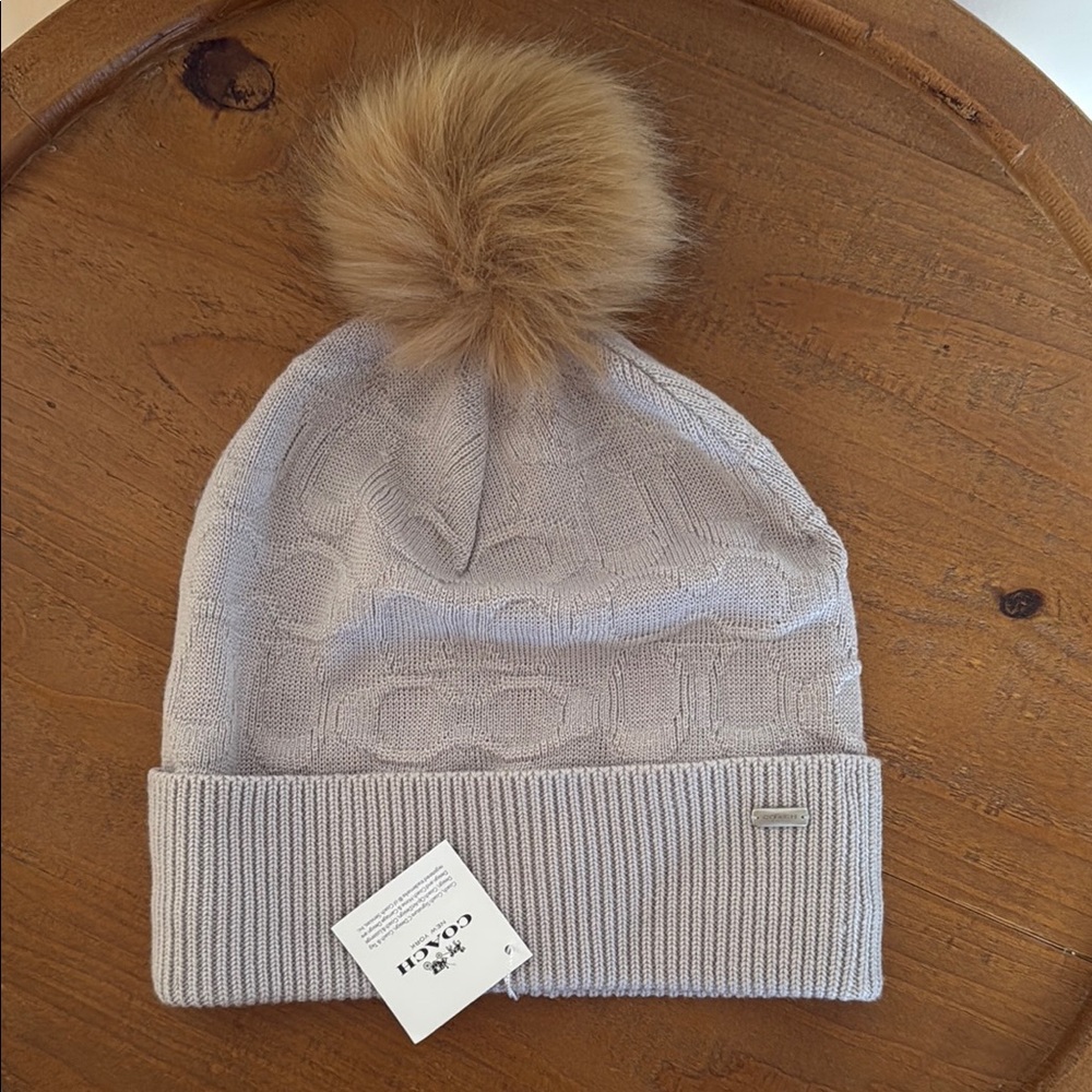 Coach Light Gray Knit Pom Beanie with Tan Faux-Fur Pom